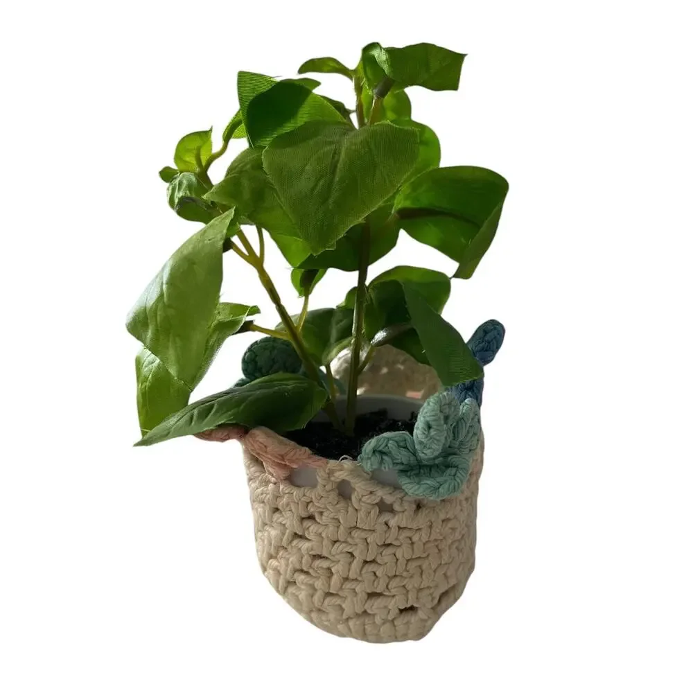 Vintage Set of 3 Crochet Plant Pot Pink Turquoise Holders Shaby Chic Farmhouse